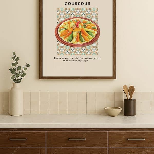 Bien plus qu’un plat, le couscous est un symbole de partage et de culture. Une affiche généreuse et colorée pour vos murs.