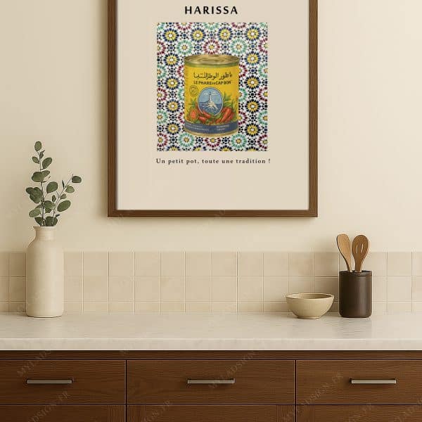 cette affiche illustre la célèbre boîte jaune de harissa, posée sur un fond de motifs marocains colorés.
