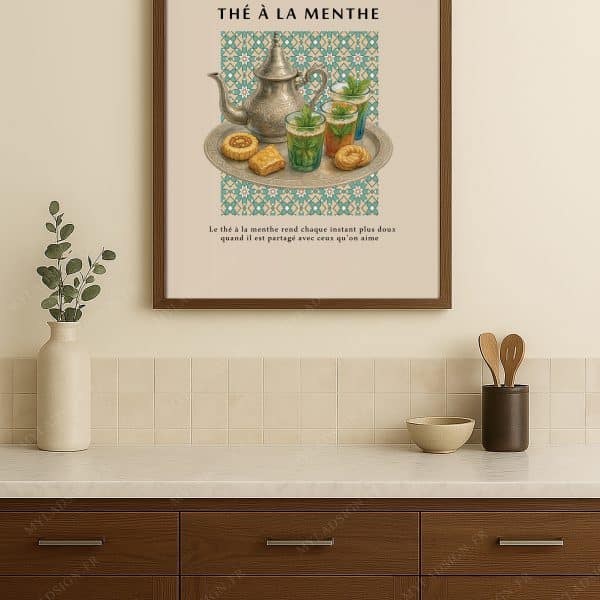 Cette affiche rend hommage au rituel du thé à la menthe, véritable emblème de l’art de vivre maghrébin. Sur fond de zellige turquoise, une scène délicate montre le célèbre plateau en argent, les verres à thé, la théière et quelques douceurs.