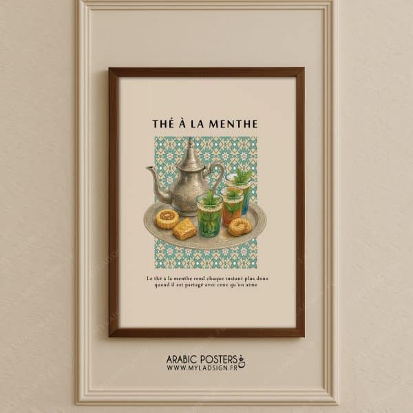 Cette affiche rend hommage au rituel du thé à la menthe, véritable emblème de l’art de vivre maghrébin. Sur fond de zellige turquoise, une scène délicate montre le célèbre plateau en argent, les verres à thé, la théière et quelques douceurs.