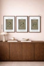 trio poster sabr tawakull shukr dans l'esprit vintage sur fond tapis oerse vertt kaki . poster islamique